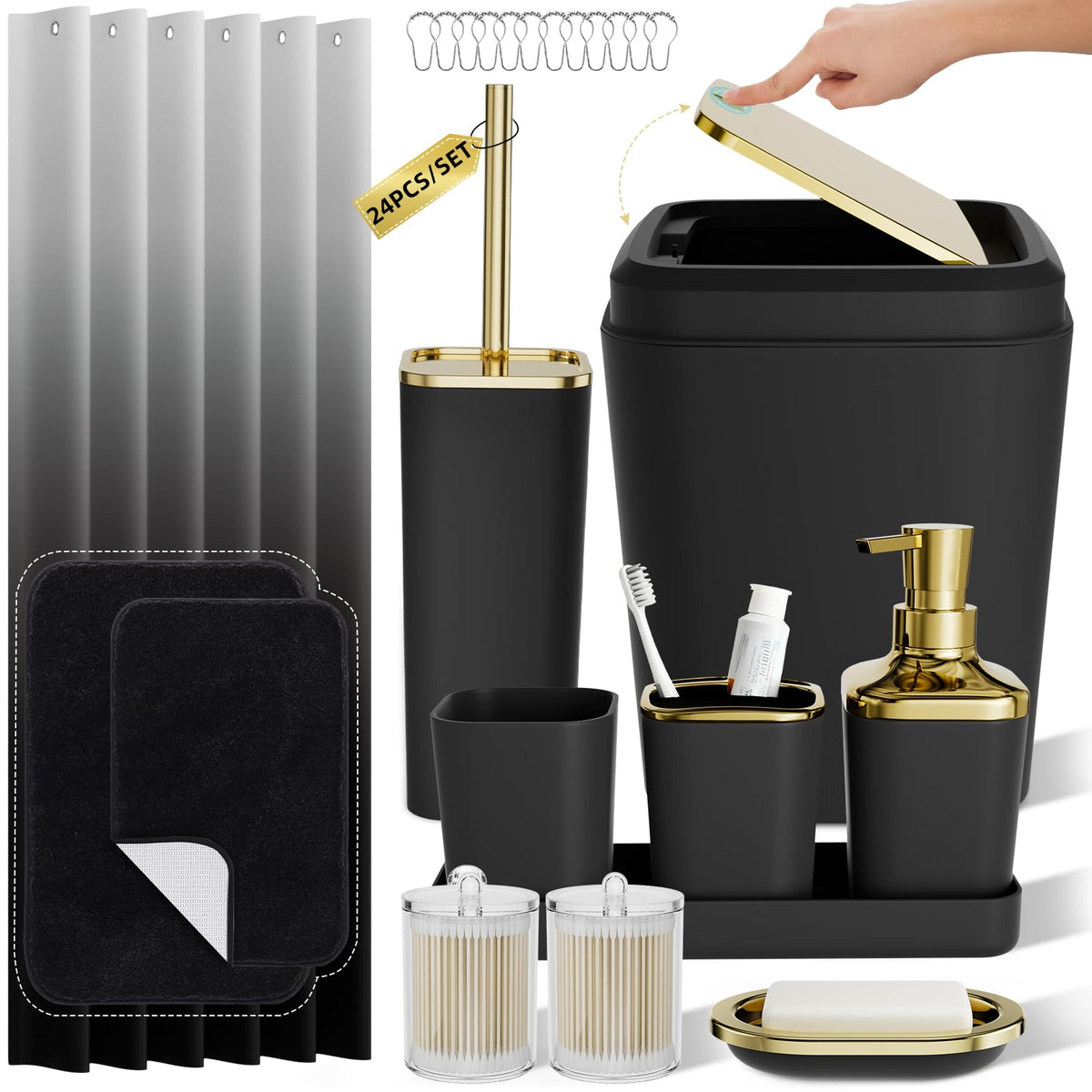 XLHOMO Bathroom Accessories Set - 25PC Bathroom Set with Shower Curtain and Rugs, Pink Bathroom Set, Bathroom Accessory Set with Press-on Lid Trash Can, Soap Dispenser and Qtip Holders