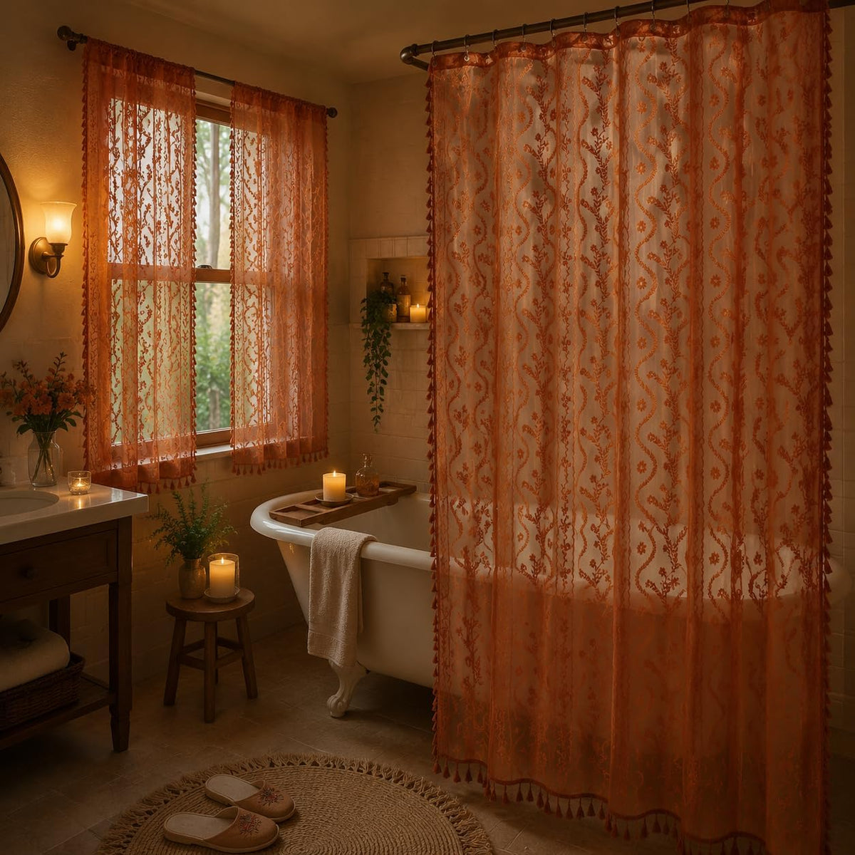 WAZZIO Terracotta Lace Shower Curtain for Bathroom 72" W x 84" L, Victorian Farmhouse Floral Pattern Tassel Fancy Shower Curtain Boho Washable Cloth Decorative Bath Curtains,1 Panel