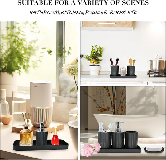 Black Bathroom Accessories Set, 10Pcs Bathroom Accessory Sets Complete with Trash Can, Shower Curtain, Vanity Tray, Soap Dispenser, Soap Dish, Toothbrush Holder&Cup, Toilet Brush&Holder, Qtip Holder
