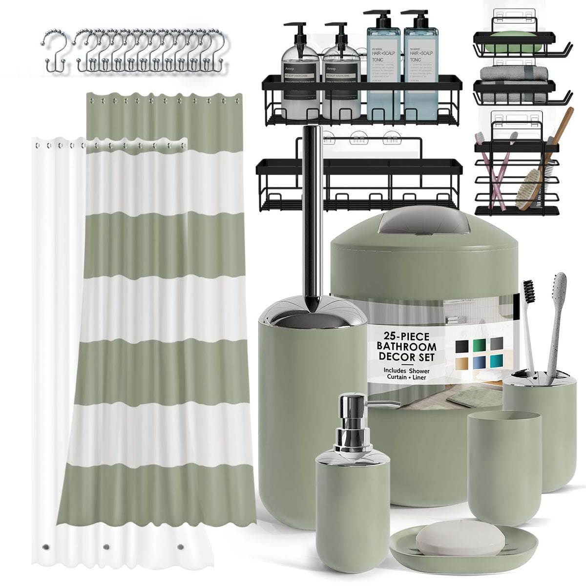 Clara Clark Bathroom Set - Navy Bathroom Accessories Set, 20PC Bathroom Accessory Set, Shower Curtain Set with Liner, Toothbrush Holder, Soap Dispenser, Soap Dish, Toilet Brush Holder, and Trash Can