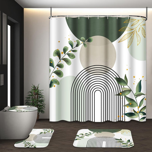 Bathroom Sets with Shower Curtain and Rugs, Set of 4, Boho Sage