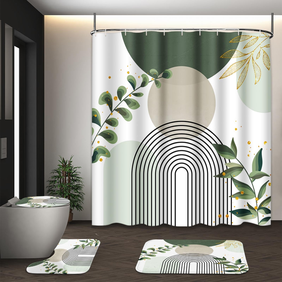 Bathroom Sets with Shower Curtain and Rugs, Set of 4, Boho Sage