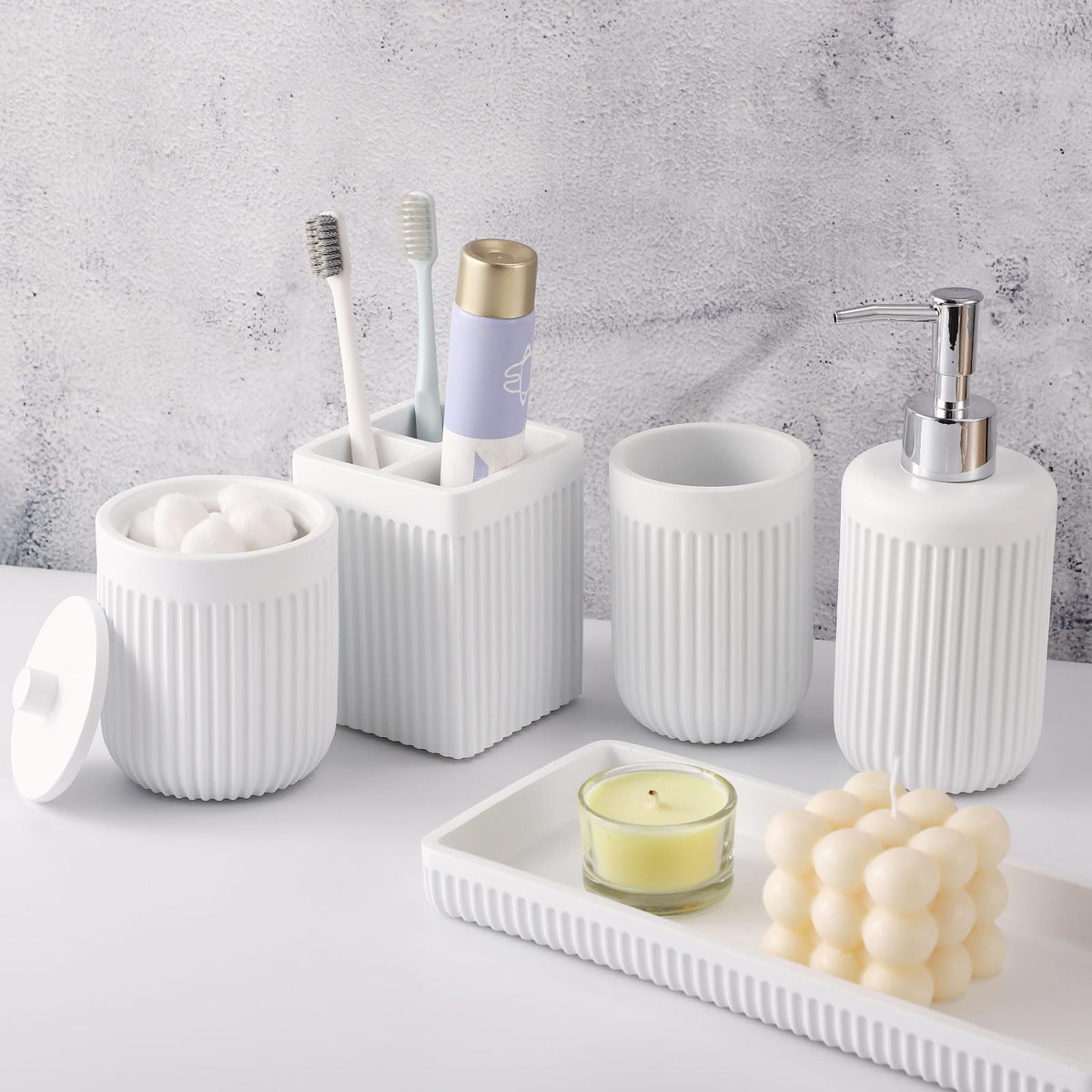 XLHOMO Resin Matte Black Bathroom Accessories Set 5 Pcs, Lotion Soap Dispenser, Toothbrush Holder, Bathroom Tumbler, Qtip Holder and Vanity Tray, Bathroom Countertop Organizer Set for Home Apartment
