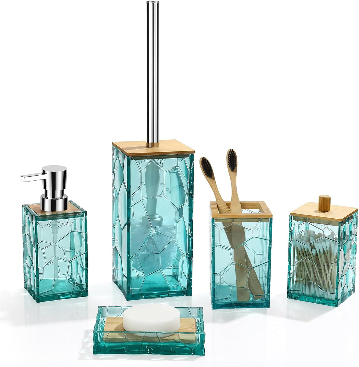 GAHEFY Teal Blue Beach Bathroom Accessories Set, Toothbrush Holder, Soap Dispenser, Cotton Swabs Holder, Soap Dish, Toilet Brush with Holder, Boho Bamboo Bathroom Decor,Acrylic (Teal)