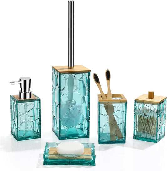 GAHEFY Teal Blue Beach Bathroom Accessories Set, Toothbrush Holder, Soap Dispenser, Cotton Swabs Holder, Soap Dish, Toilet Brush with Holder, Boho Bamboo Bathroom Decor,Acrylic (Teal)
