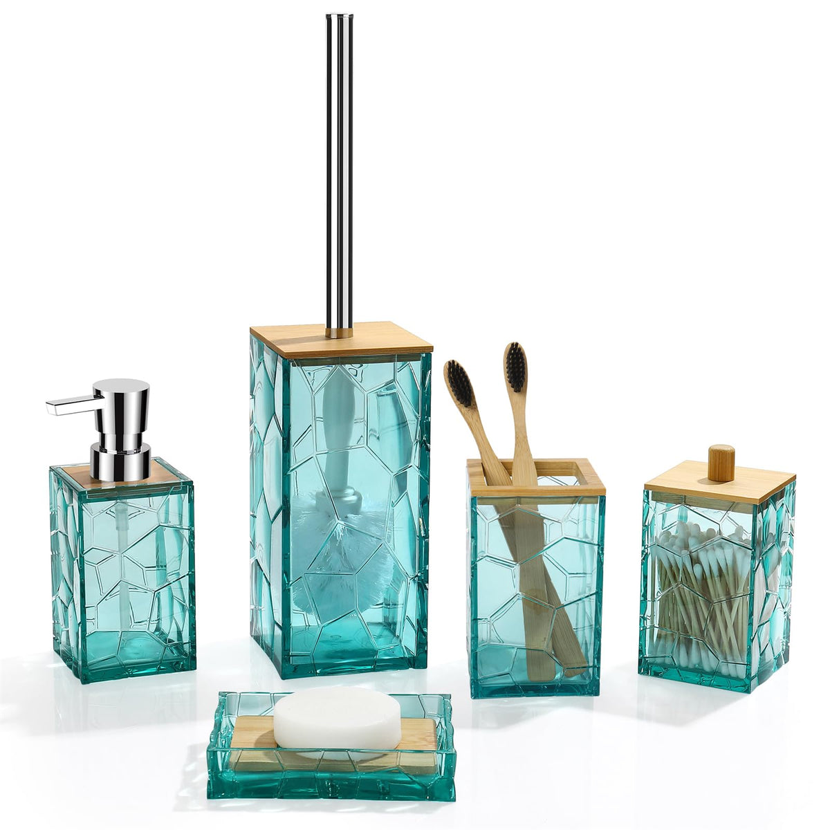 GAHEFY Teal Blue Beach Bathroom Accessories Set, Toothbrush Holder, Soap Dispenser, Cotton Swabs Holder, Soap Dish, Toilet Brush with Holder, Boho Bamboo Bathroom Decor,Acrylic (Teal)