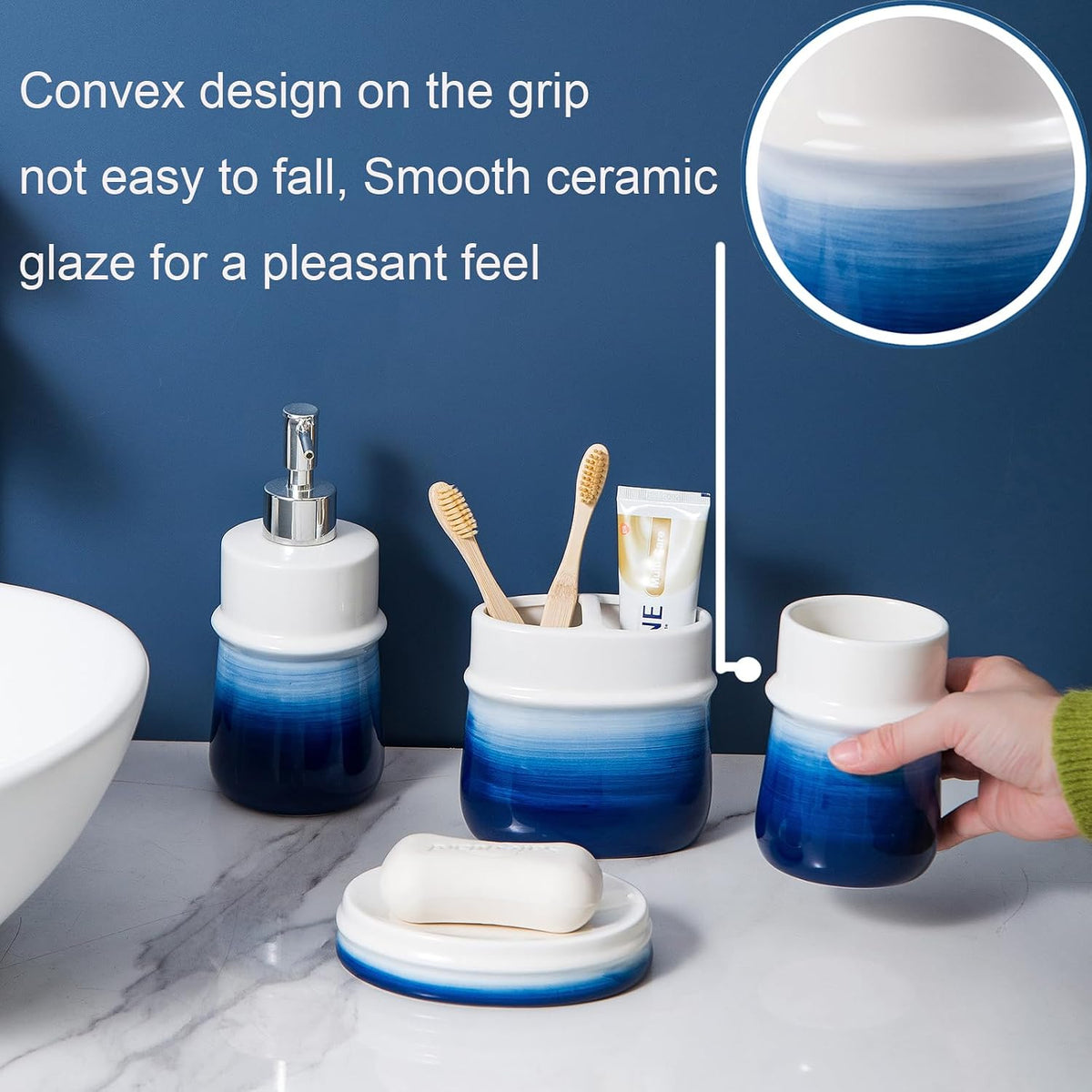 Navy Blue Bathroom Accessories Set, 4-Piece Blue Ceramic Bathroom Decorations Accessories Set,Contain Toothbrush Cup,Soap Dispenser,Soap Dish,Tumbler