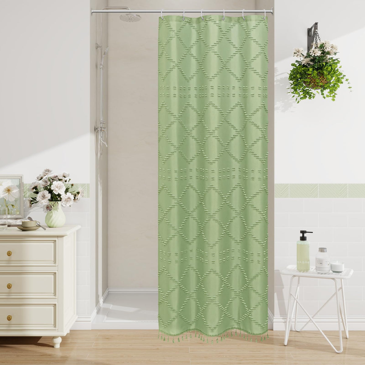 Blue Boho Woven Fabric Shower Curtain with Tassel 72 x 72, Tufted Textured