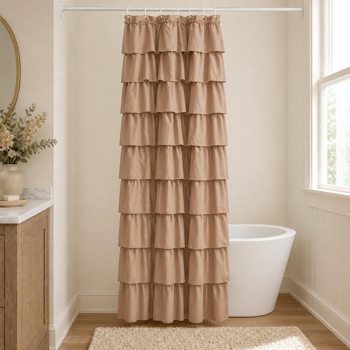 White Ruffle Shower Curtain for Bathroom,72 x 72 Inches, Farmhouse Style