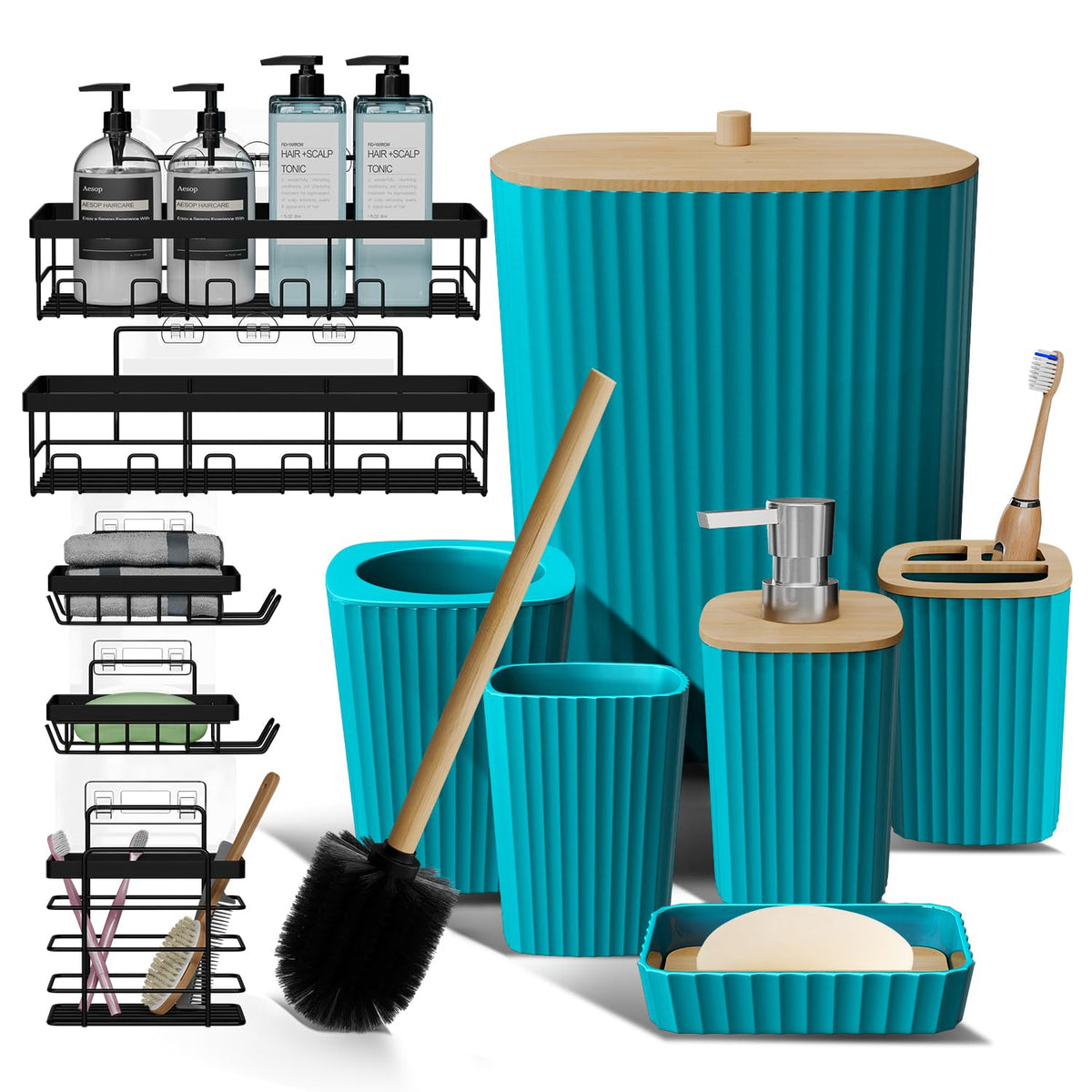 Clara Clark Bathroom Set - Sage Green Bathroom Accessories Set, 6PC Bathroom Accessory Set, Bathroom Sets with Toilet Brush, Trash Can & Soap Dispenser