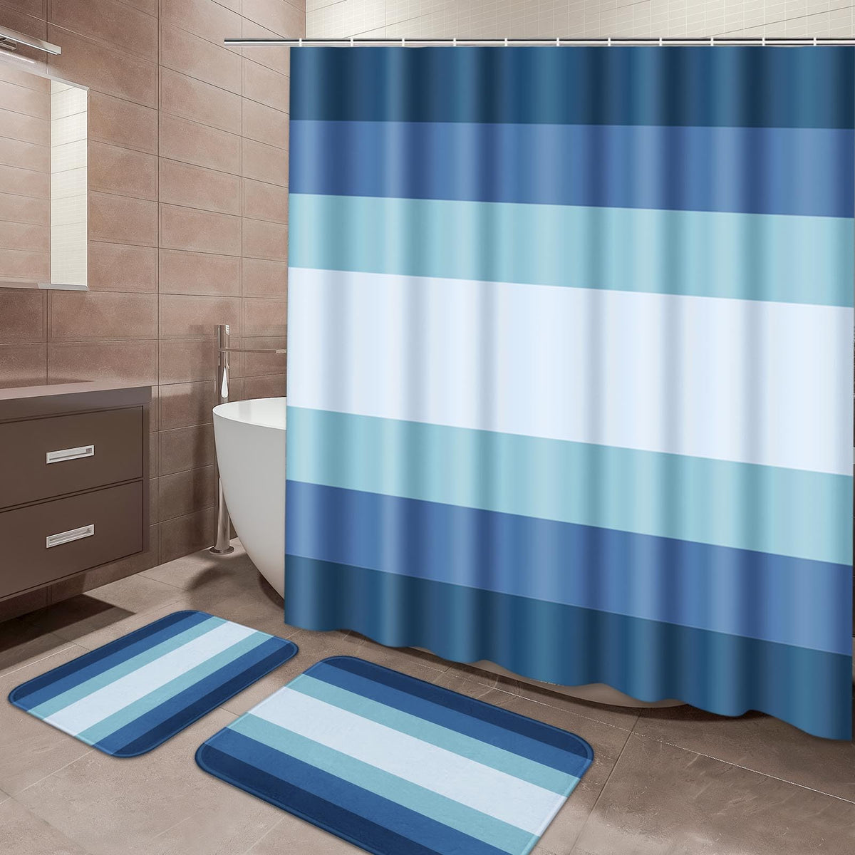 ArtSocket Bathroom Set of 3, Shower Curtain and Bath Rugs Beige Striped