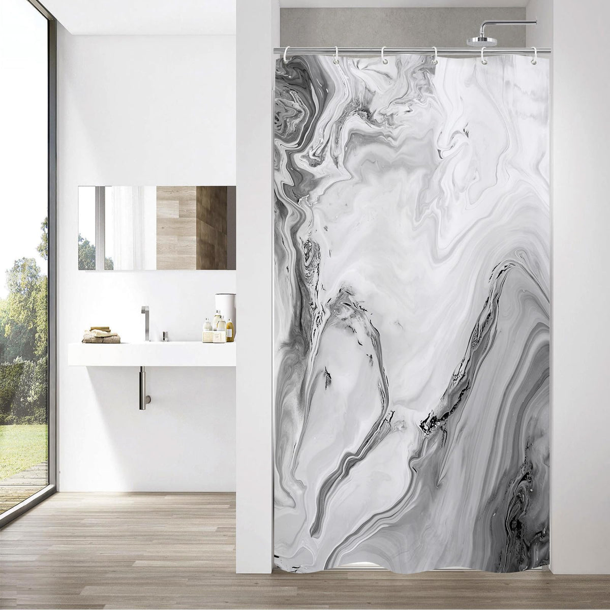 Blue Marble Fabric Shower Curtain, Abstract Watercolor, 72 x 72 Inches