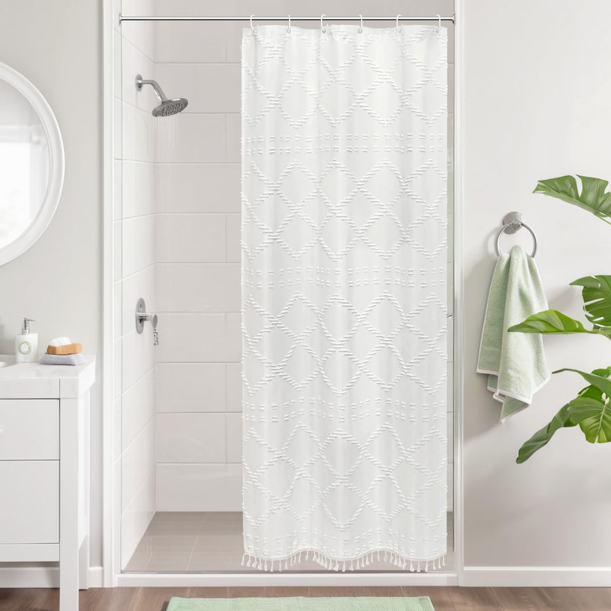 Blue Boho Woven Fabric Shower Curtain with Tassel 72 x 72, Tufted Textured
