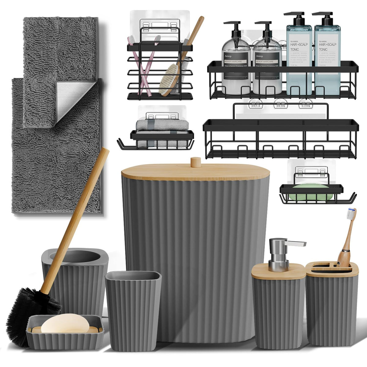 Clara Clark Bathroom Set - Sage Green Bathroom Accessories Set, 6PC Bathroom Accessory Set, Bathroom Sets with Toilet Brush, Trash Can & Soap Dispenser