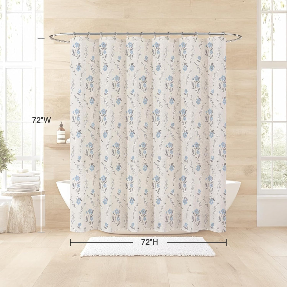 Blue Linen Farmhouse Shower Curtain, Vintage Boho Floral 72x72