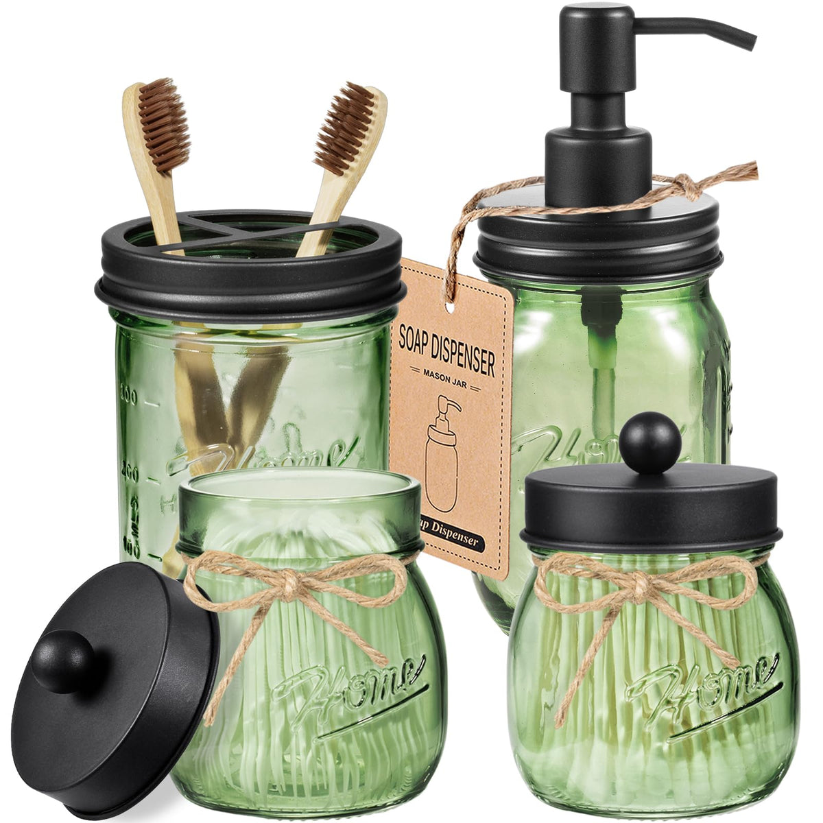 Amolliar Mason Jar Bathroom Accessories Set, 4 Pcs Green Glass Bathroom Set