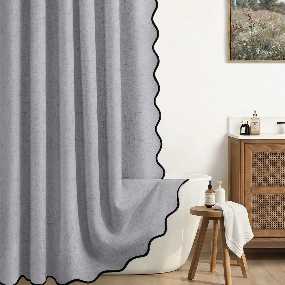 Scalloped Shower Curtain Linen Boho Beige 72" W x 72" L