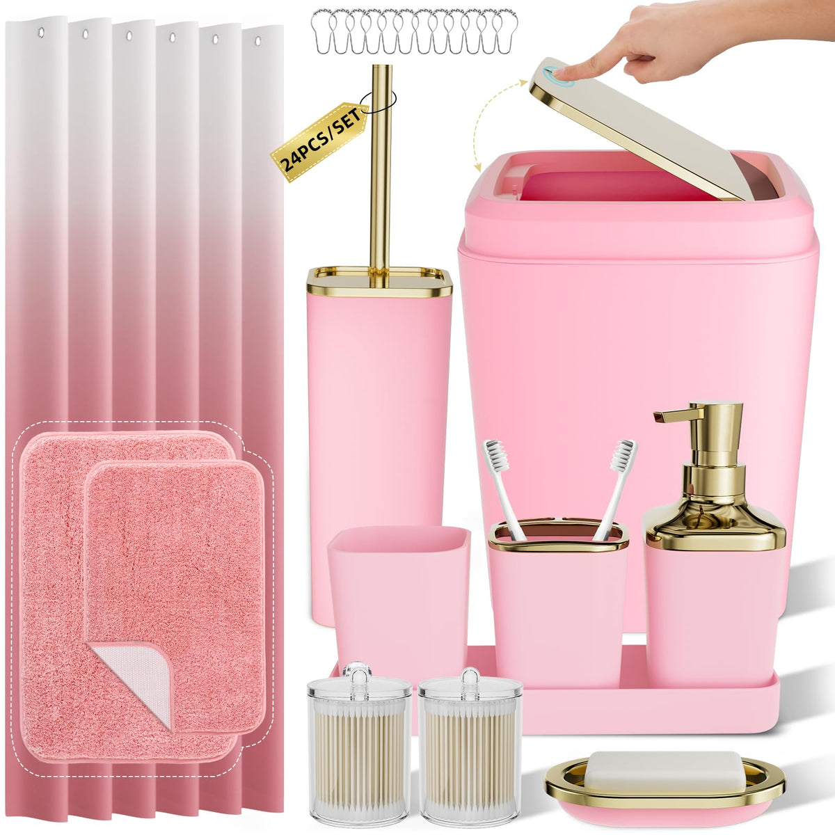 XLHOMO Bathroom Accessories Set - 25PC Bathroom Set with Shower Curtain and Rugs, Pink Bathroom Set, Bathroom Accessory Set with Press-on Lid Trash Can, Soap Dispenser and Qtip Holders