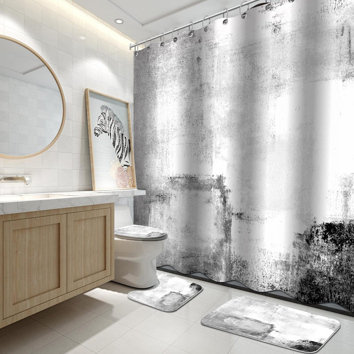 Lnond 4Pcs Bathroom Shower Curtain Sets with Rugs,Orange Modern Painting Art Bathroom Sets with Shower Curtain and Rugs and Accessories