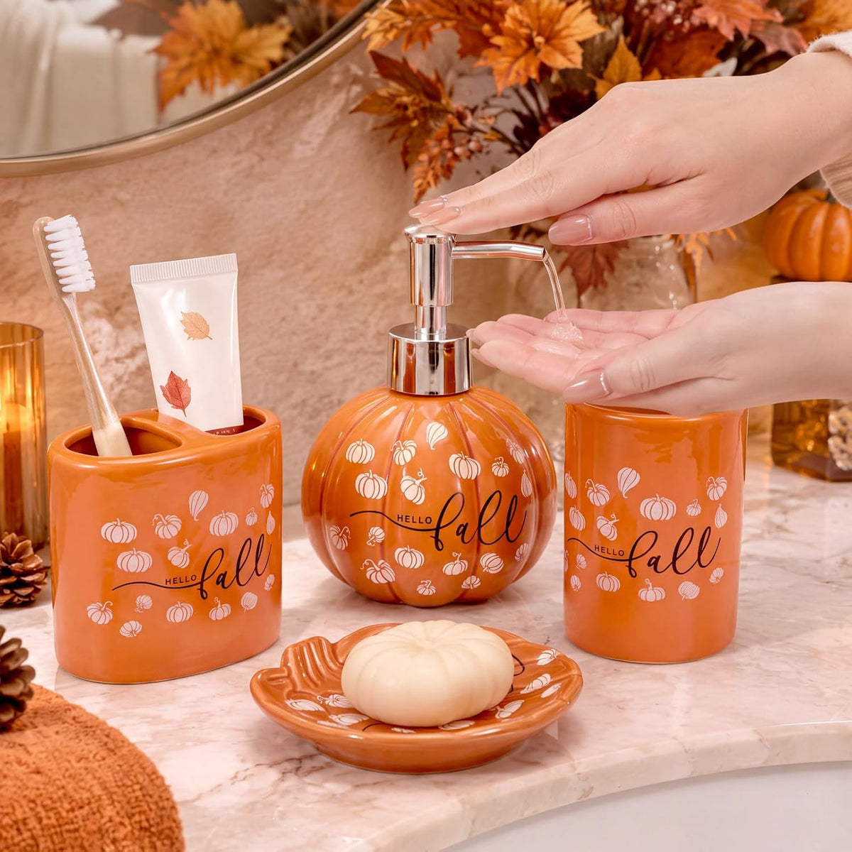 Domensi 4 Pcs Pumpkin Bathroom Ceramic Accessories Set Fall Bathroom Decor Include Lotion Dispenser Toothbrush Holder Tumbler Soap Dish for Home Bath Kitchen Decoration