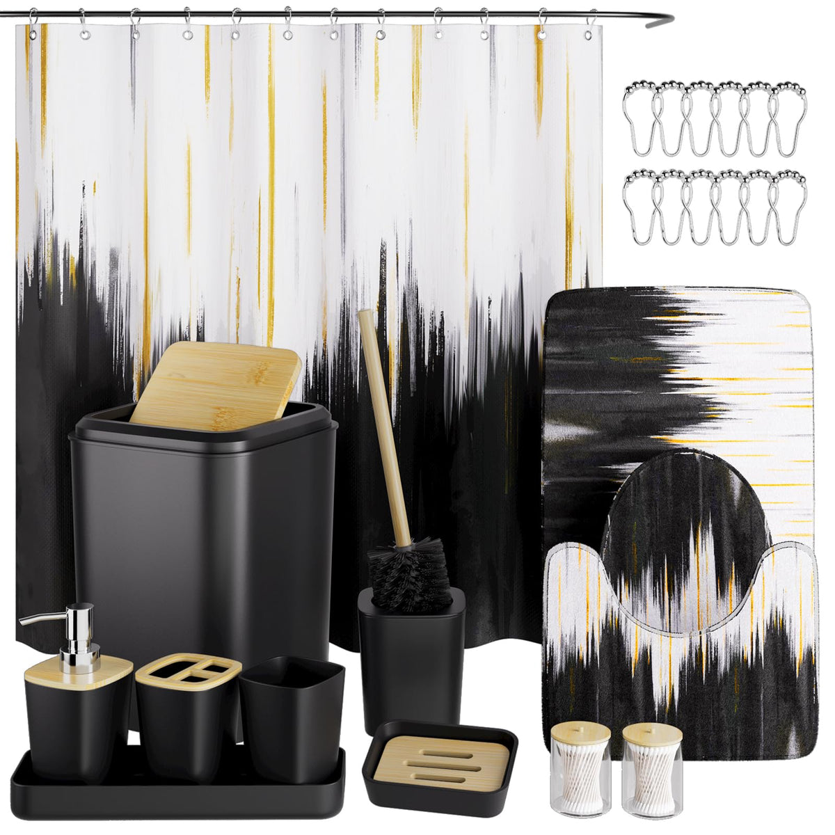 XLHOMO Bathroom Sets with Shower Curtain and Rugs,24PCS Black Bathroom Set Shower Curtain Set with Bathroom Trash Can Bathroom Accessories