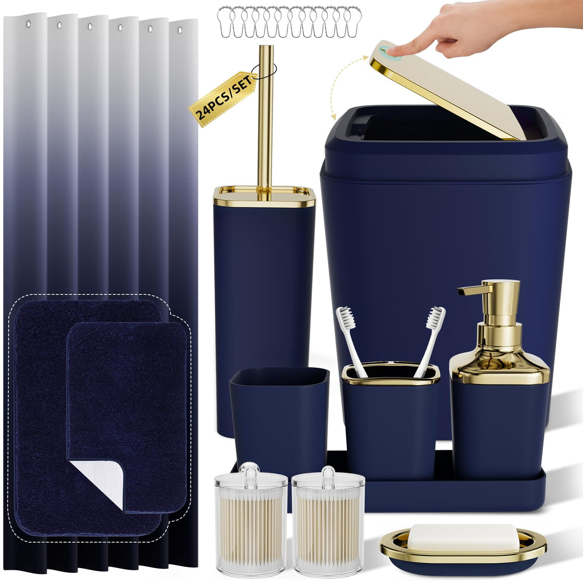 XLHOMO Bathroom Accessories Set - 25PC Bathroom Set with Shower Curtain and Rugs, Pink Bathroom Set, Bathroom Accessory Set with Press-on Lid Trash Can, Soap Dispenser and Qtip Holders