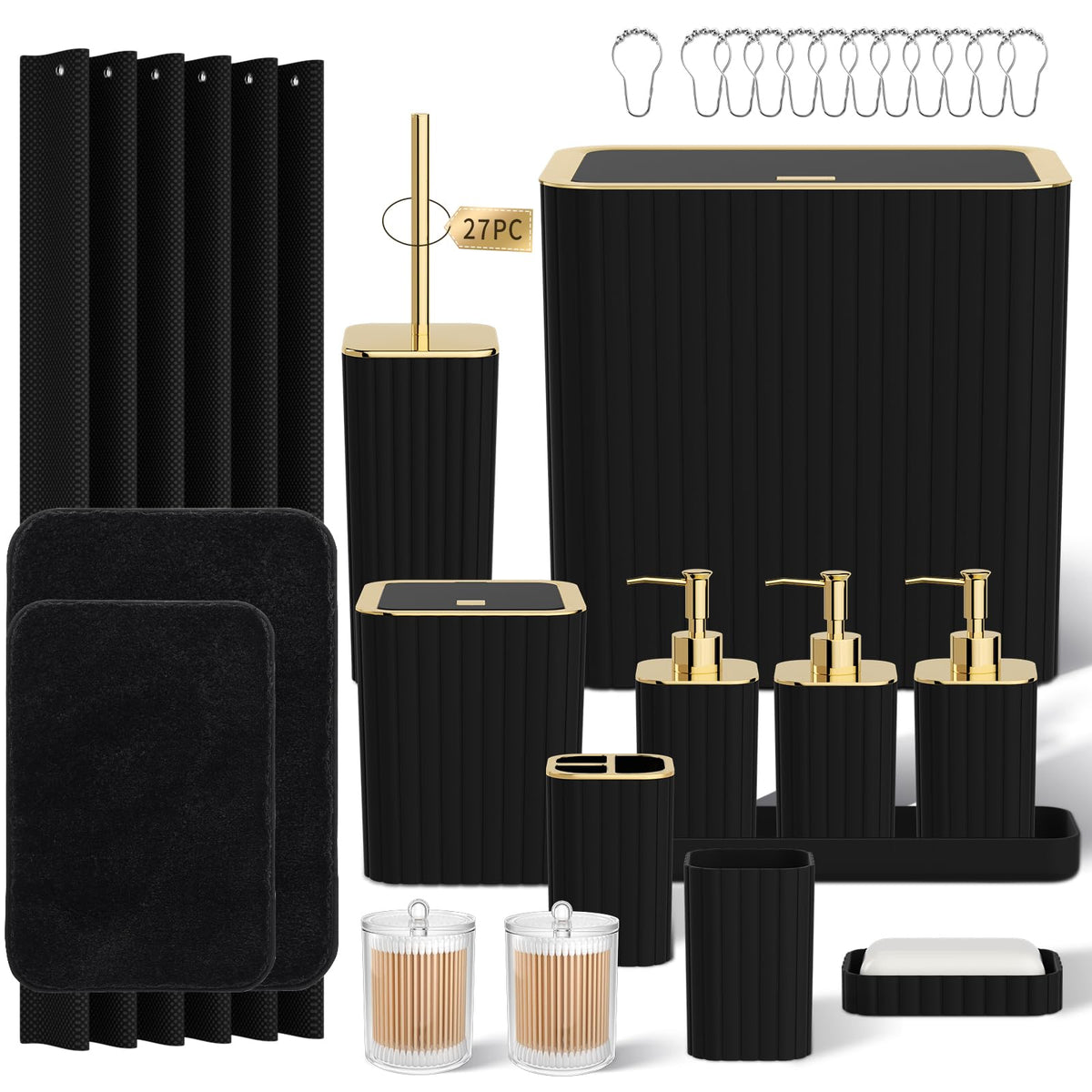 Bathroom Sets with Shower Curtain and Rugs - Elegant Bathroom Set, 27PC Bathroom Accessories Set, Green Bathroom Set, Mini Trash Can, Toilet Brush, Trash Can & Soap Dispenser