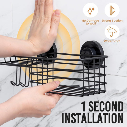 LEVERLOC Shower Caddy Suction Cup, 2 Pack Shower Shelves for Inside Shower with Hooks & Soap Holder, NO-Drilling Bathroom Shower Organizer, Rustproof Meatl Shower Holder Storage, Black