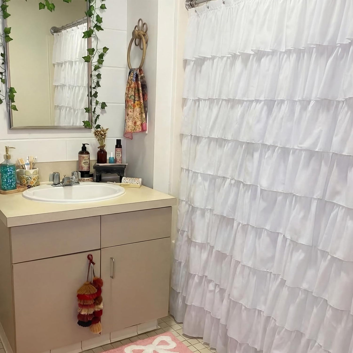 Hahafelt White Dorm Ruffle Shower Curtain 72 x 72 Inches, Ruffle