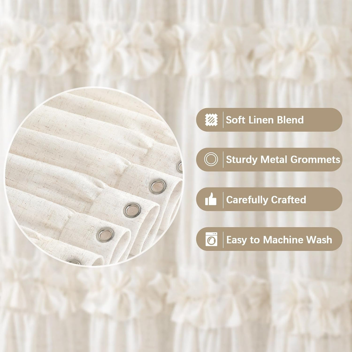 Boho Ruffle Farmhouse Fall Linen Shower Curtain Vintage Cream 72" W x 72" H