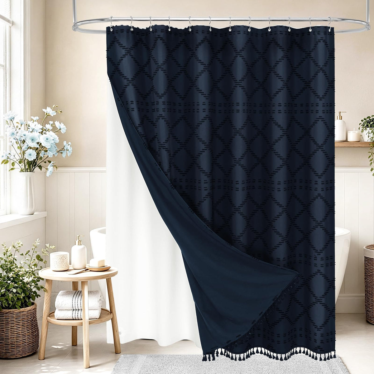 Blue Boho Woven Fabric Shower Curtain with Tassel 72 x 72, Tufted Textured