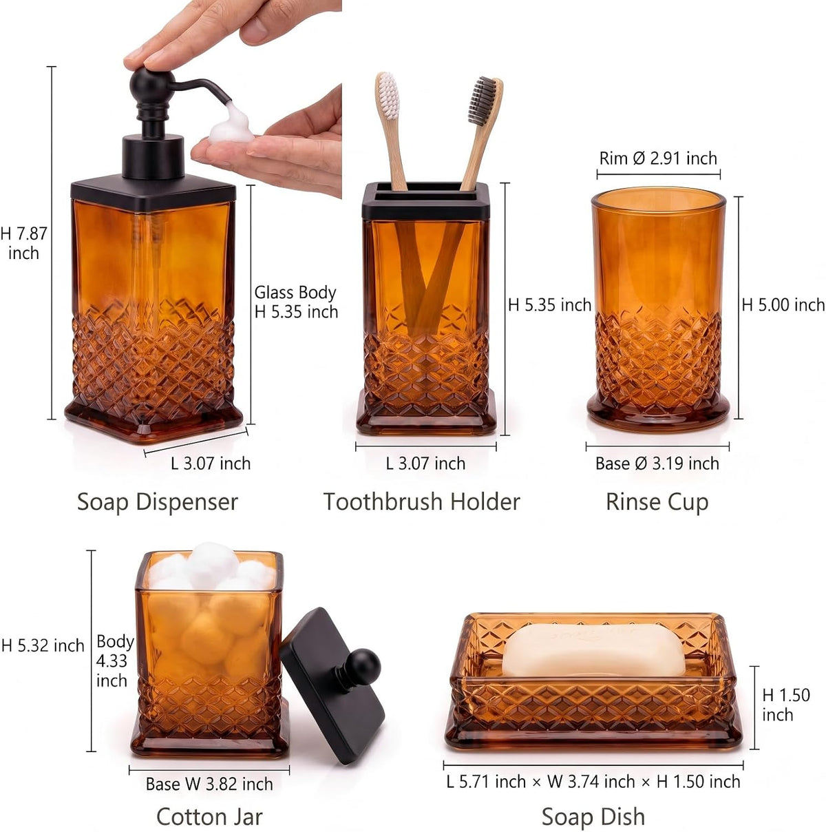 JKE Heavy Glass 5Pcs Amber Bathroom Set Accessories Vintage