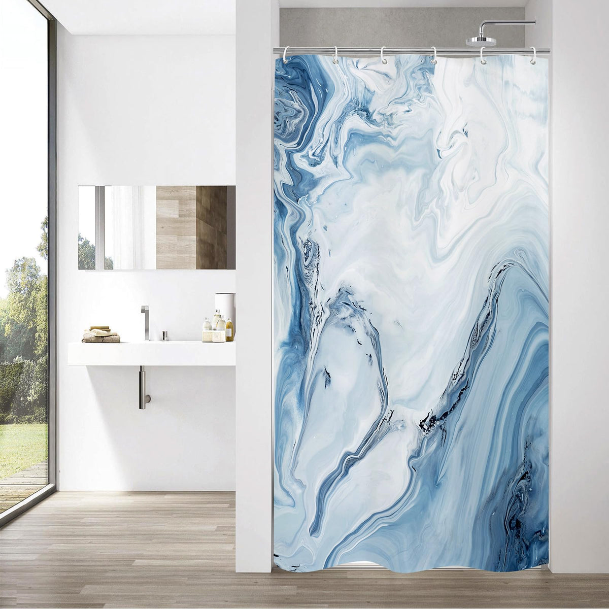 Blue Marble Fabric Shower Curtain, Abstract Watercolor, 72 x 72 Inches