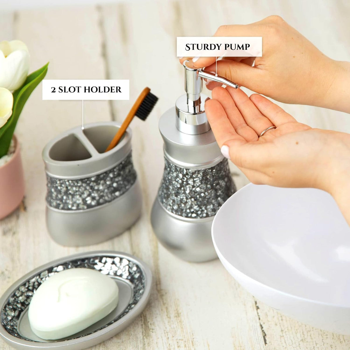 Creative Scents 4 Pc. Resin Bathroom Accessory Set | Silver Crackled Glass