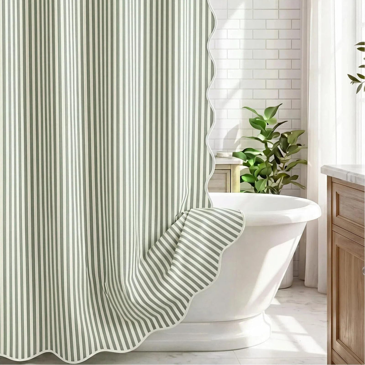 HunnmingRe Sage Green Farmhouse Striped Shower Curtain Tasseled 72x72 Inch