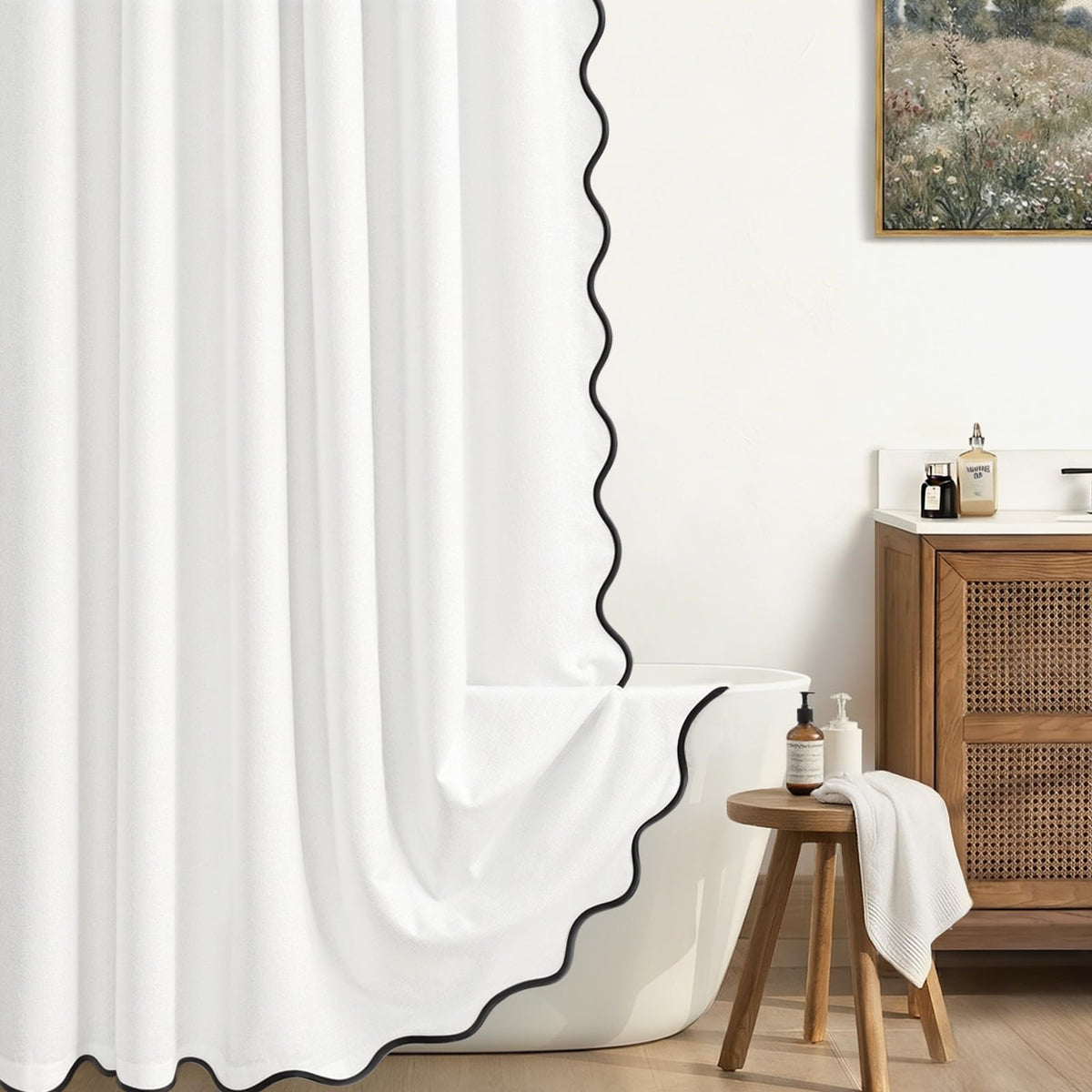 Scalloped Shower Curtain Linen Boho Beige 72" W x 72" L