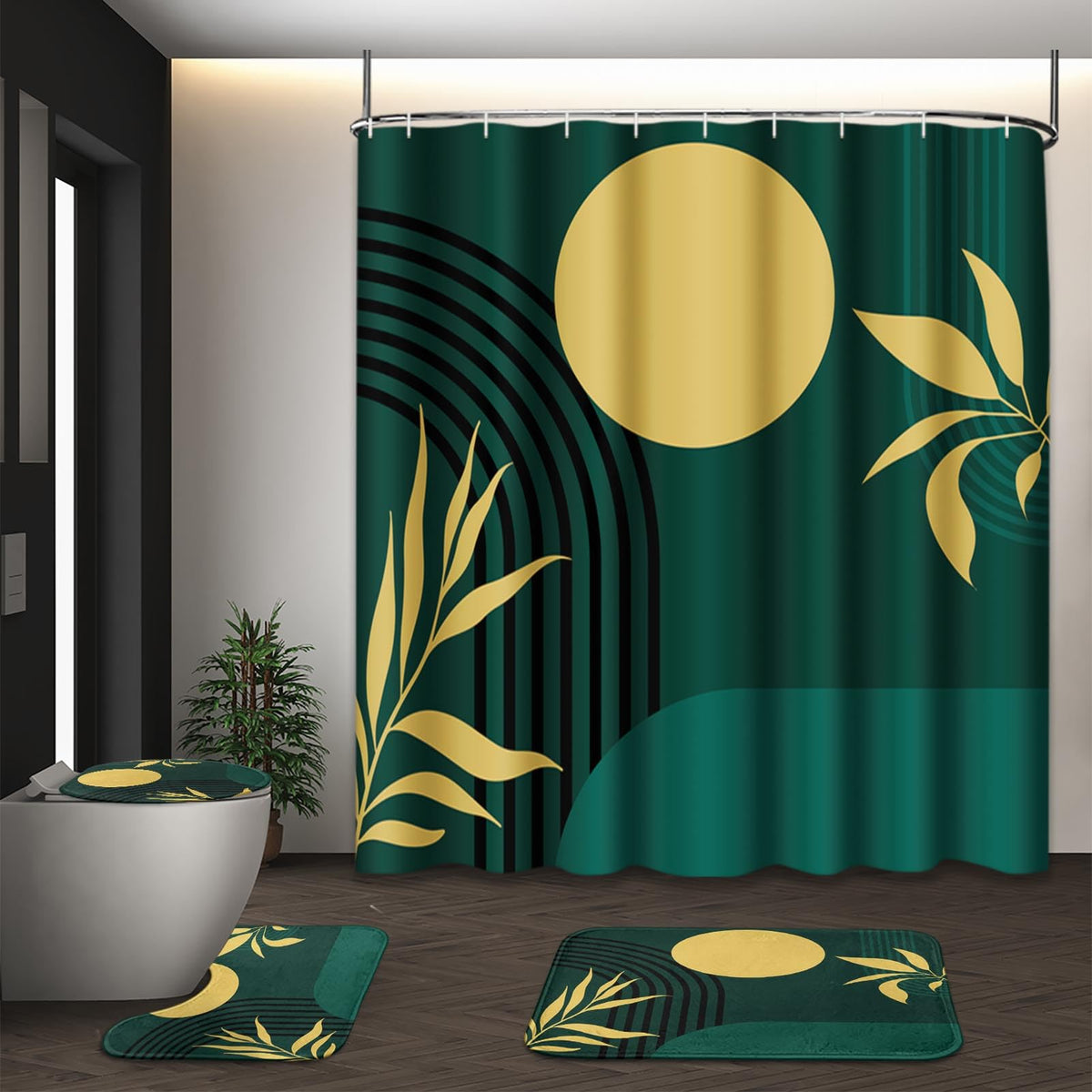 Bathroom Sets with Shower Curtain and Rugs, Set of 4, Boho Sage
