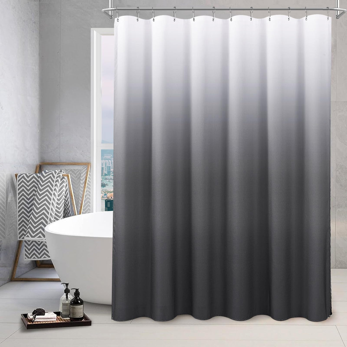Grey and White Ombre Shower Curtain for Bathroom Luxury Hotel Spa, Machine Washable, Morden Decorative Bath Curtain, Gray Linen Textured Shower Curtains