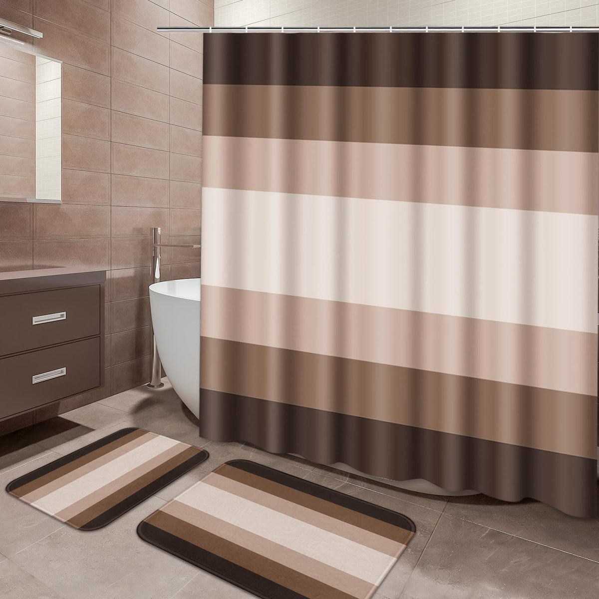 ArtSocket Bathroom Set of 3, Shower Curtain and Bath Rugs Beige Striped