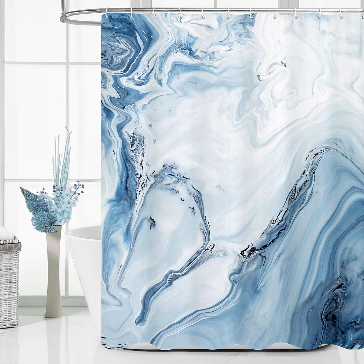Blue Marble Fabric Shower Curtain, Abstract Watercolor, 72 x 72 Inches