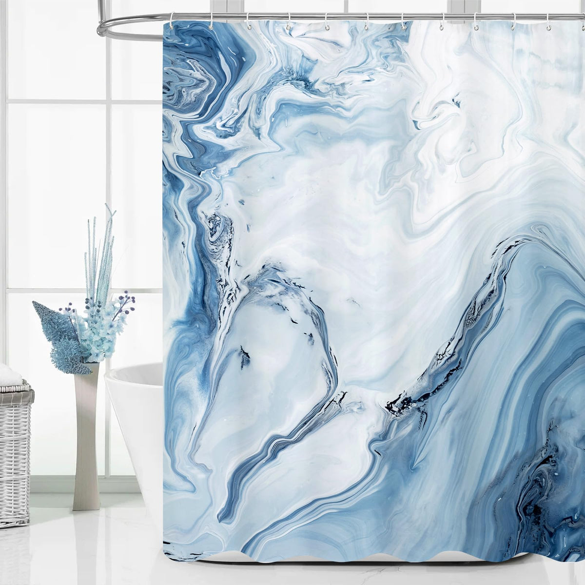 Blue Marble Fabric Shower Curtain, Abstract Watercolor, 72 x 72 Inches
