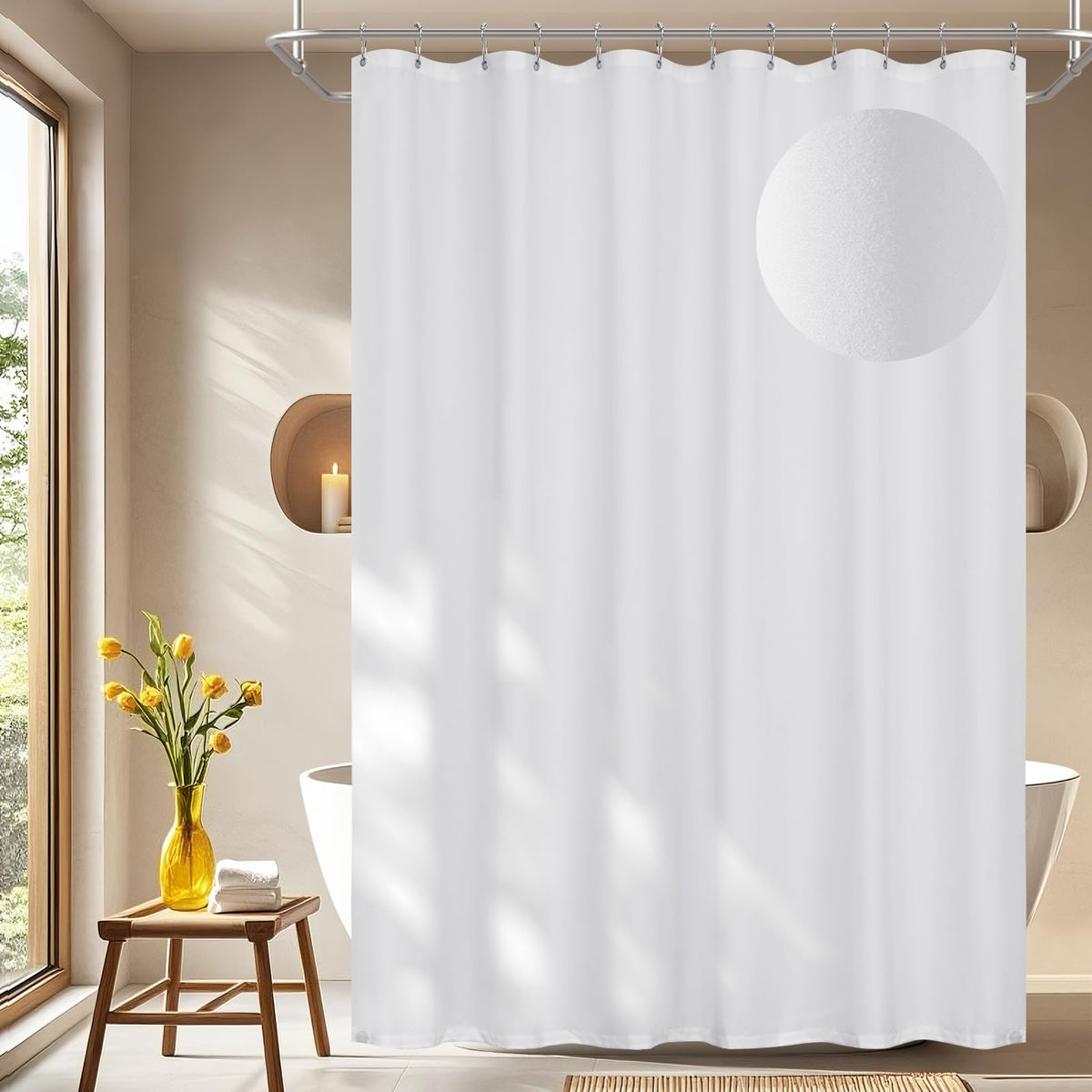 Seenus White Ruffle Shower Curtain with Waterproof TPU Backed Lightweight