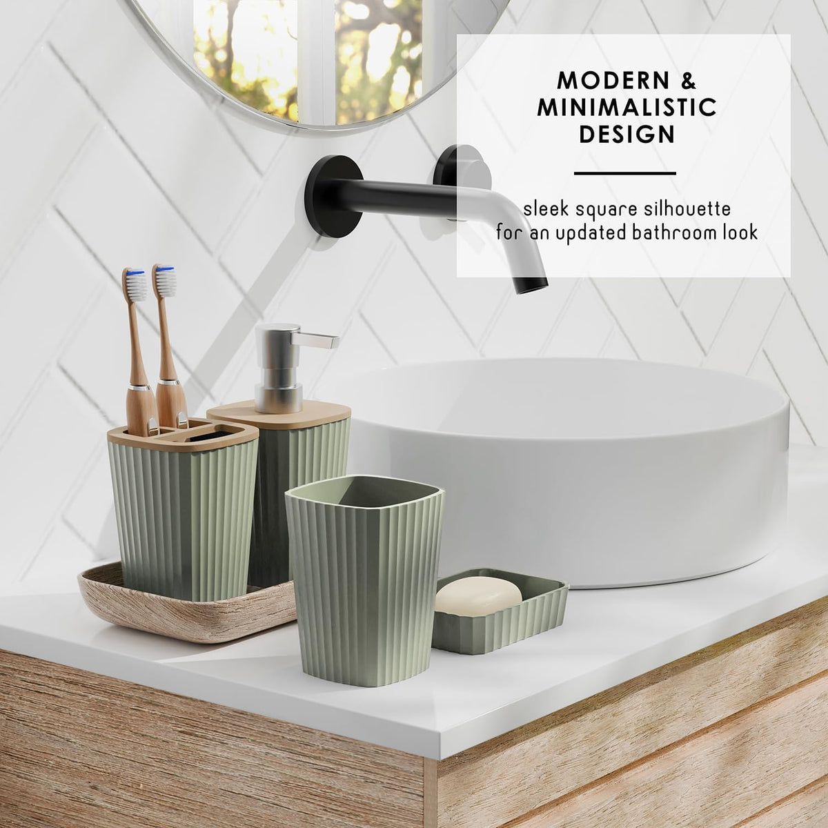 Clara Clark Bathroom Set - Sage Green Bathroom Accessories Set, 6PC Bathroom Accessory Set, Bathroom Sets with Toilet Brush, Trash Can & Soap Dispenser