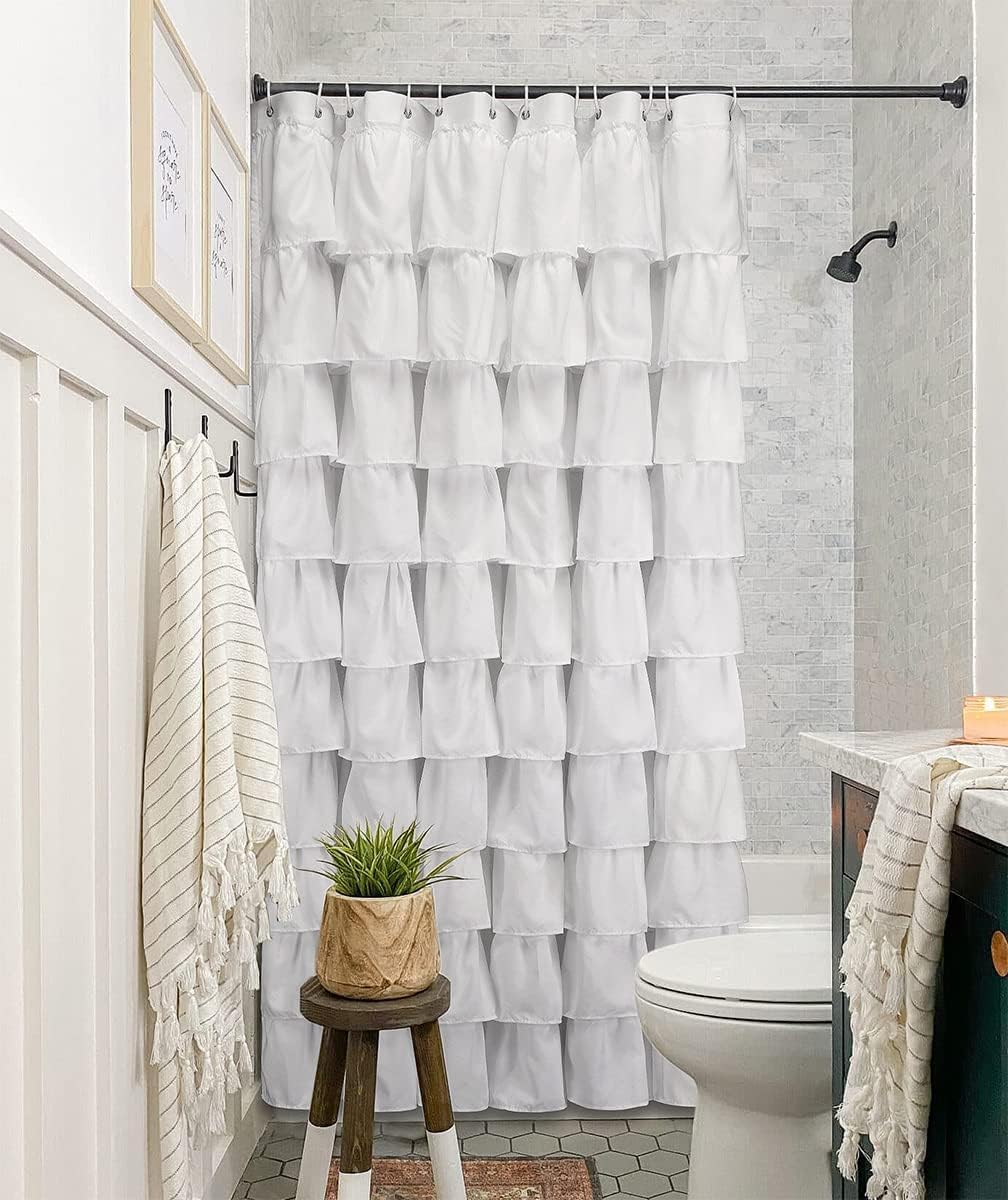 Volens White Shower Curtain Fabric Ruffle for Bathroom,72in Long
