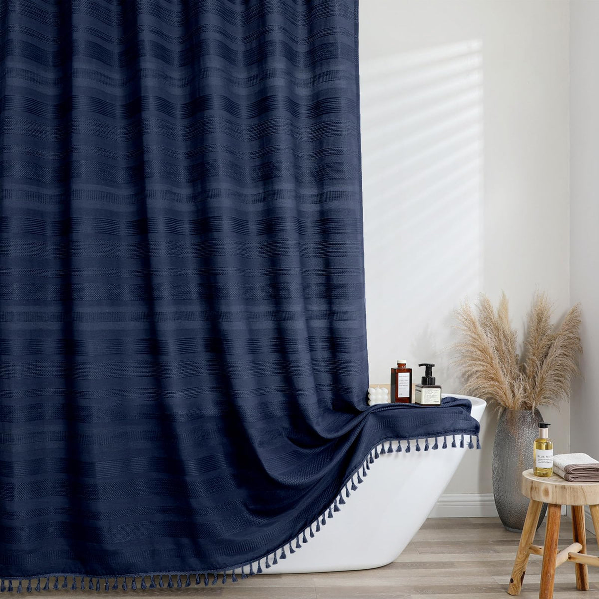 OVZME Extra Long Linen Shower Curtain - 84 Inch Long, Modern Farmhouse Heavy Duty Textured Soft Fabric, Rustic Country Boho Cloth Shower Curtain with Tassel for Bathroom Hotel, 72Wx84L Inches