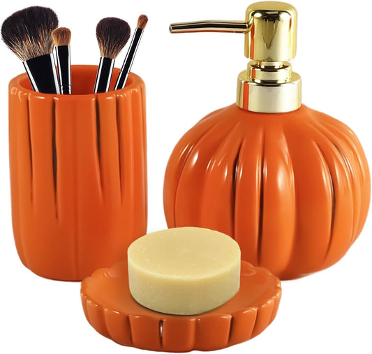 Halloween Pumpkin Bathroom Accessories Set, Orange Bathroom Fall Decor, 3PC Ceramic Bathroom Sets Complete, Toothbrush Holders, Soap Dispenser, Soap Dish, Bathroom Organizer for Countertop