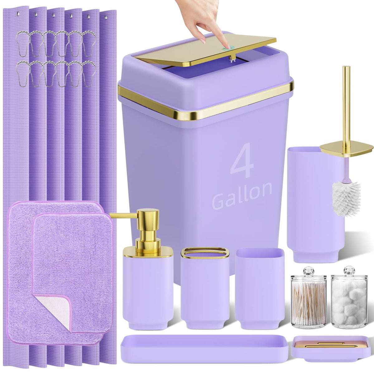 Pink Bathroom Set, 9-Piece Accessories with 4-Gallon Swing-Top Trash Can
