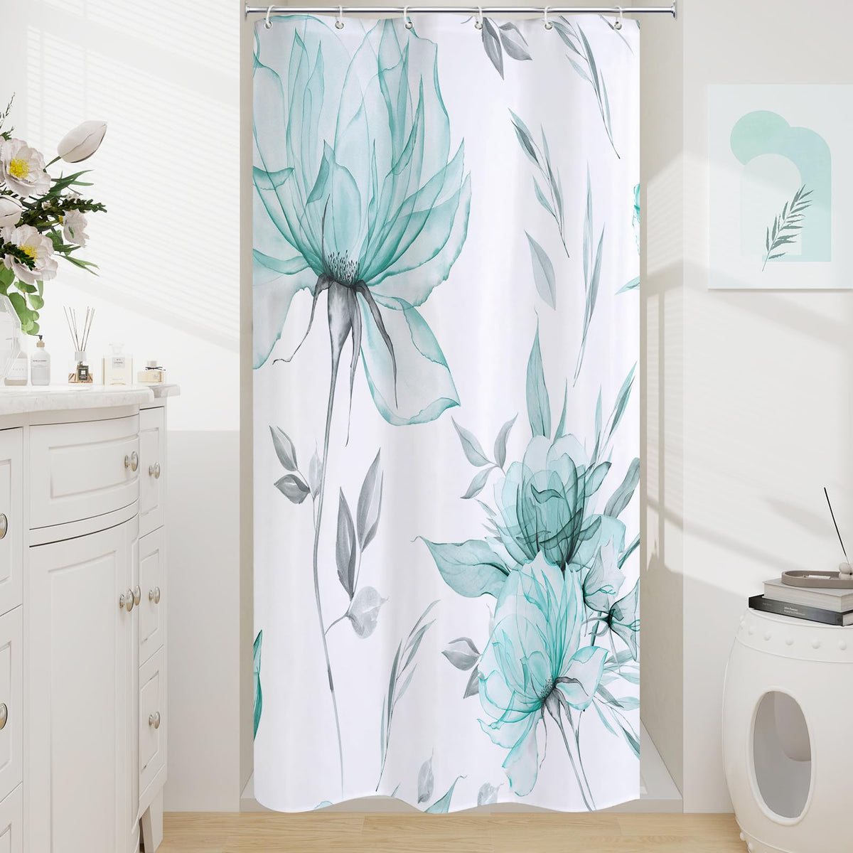 Blue Boho Floral Shower Curtain, Watercolor Botanical Design, 72 x 72