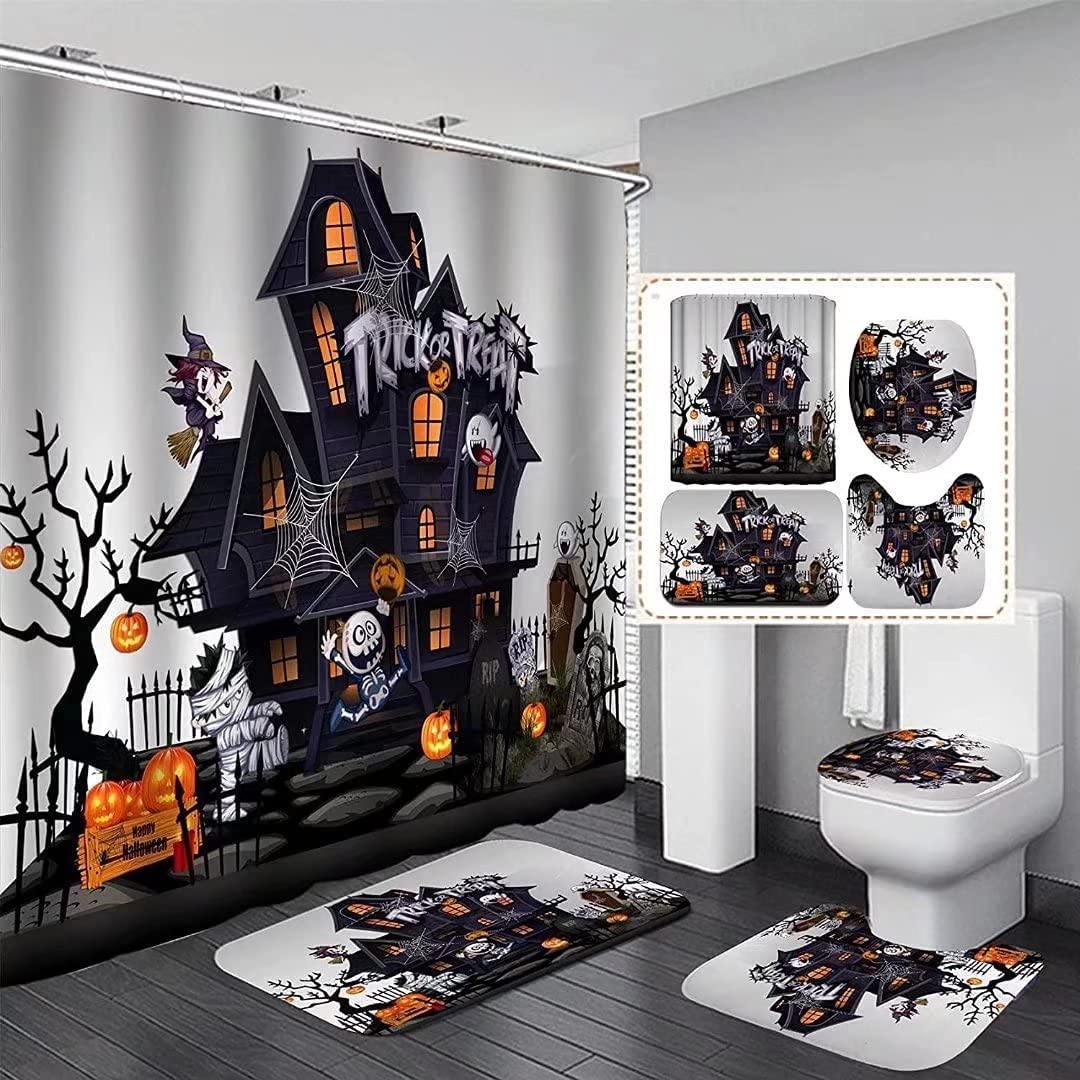 NBVKO 4PCS Black Oil Painting Style Shower Curtain Set with Non-Slip Rugs,Toilet Lid Cover and Bath Mat,Bathroom Decor Accessory Set