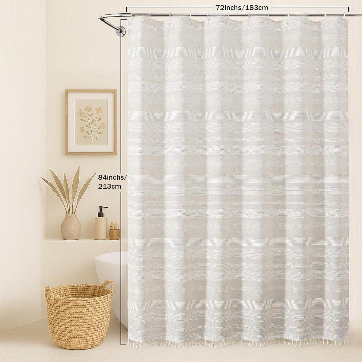 OVZME Extra Long Linen Shower Curtain - 84 Inch Long, Modern Farmhouse Heavy Duty Textured Soft Fabric, Rustic Country Boho Cloth Shower Curtain with Tassel for Bathroom Hotel, 72Wx84L Inches